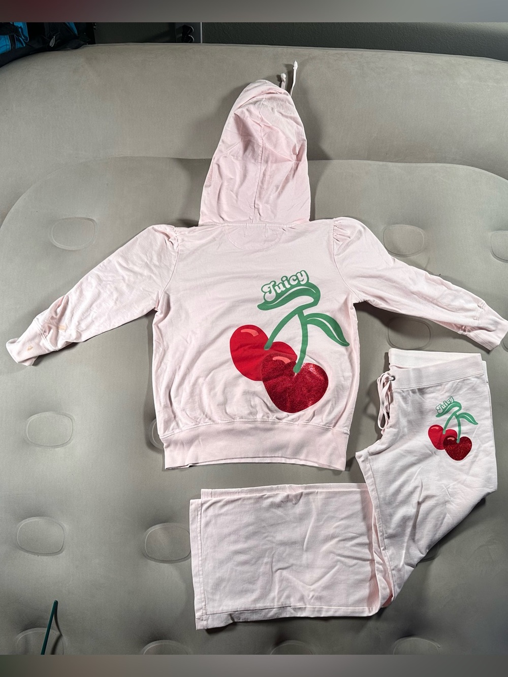 Juicy Couture Light Pink Track Suit Cherry Accents Made In USA Medium Retro Y2K
